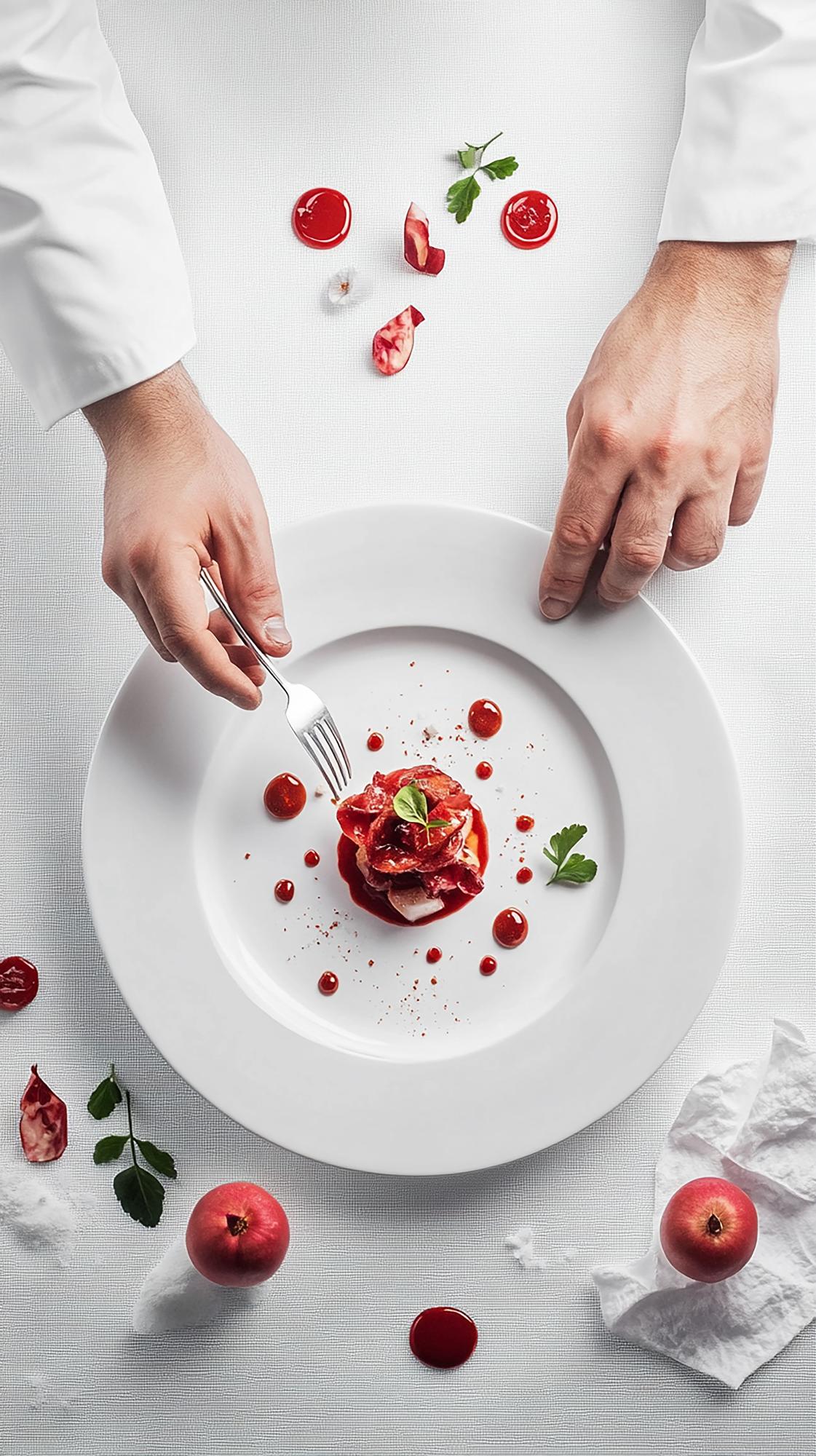 Instructor plating a dish in a clean studio